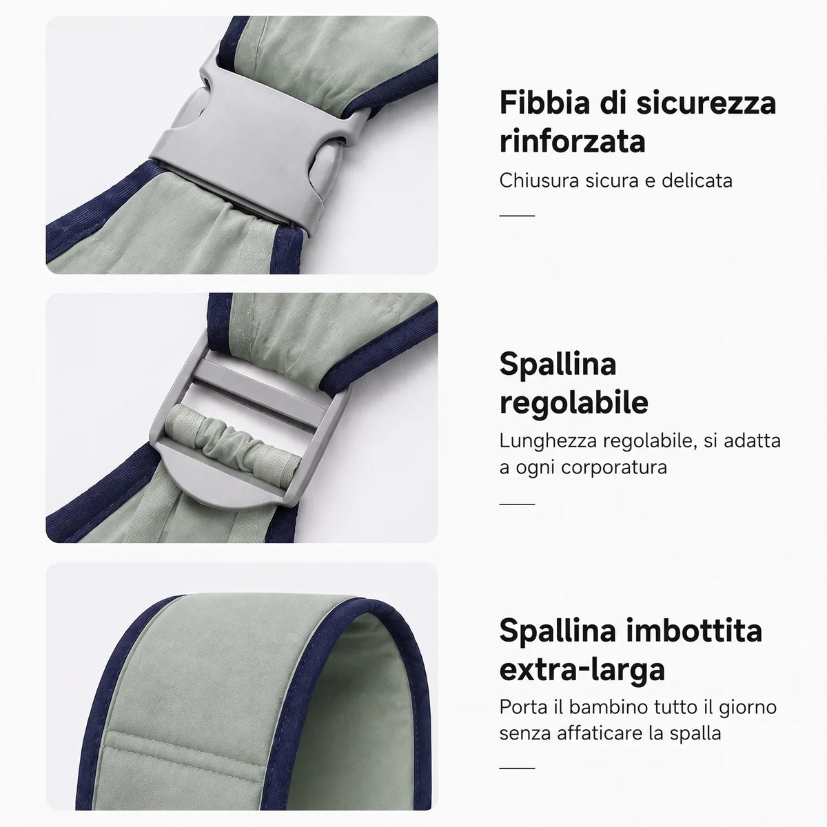 Fibbia di sicurezza, spallina regolabile e imbottita
